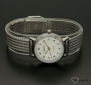 Zegarek damski na bransolecie bizuteryjnej Bruno Calvani BC3193 SILVER. Tarcza zegarka okrągła w kolorze białym z wyraźnymi cyframi czarnymi, wskazówki w kolorze złotym. Dodatkowym atutem zegarka jest wyraźne logo (5).jpg